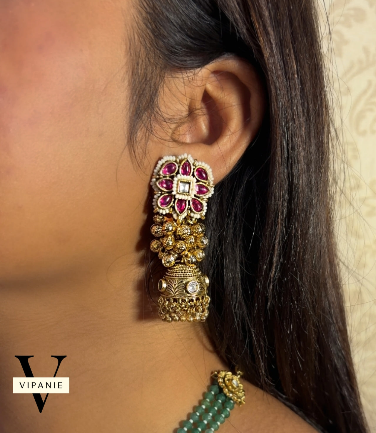 Kundan pearl Necklace With Chandbali-V1040