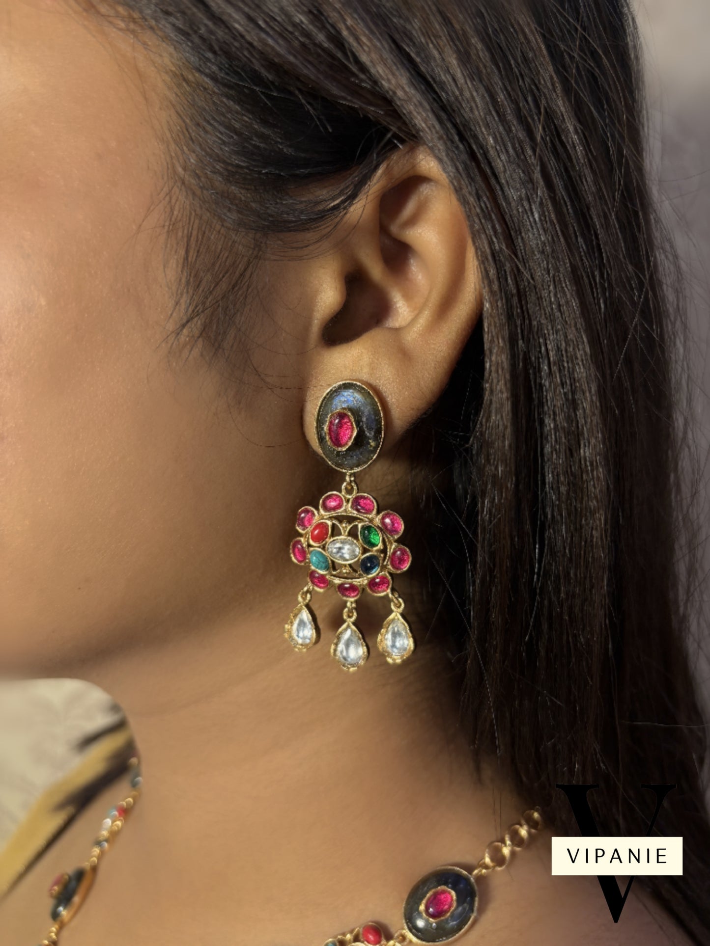 Antique Natural stone necklace with Earring-V1032