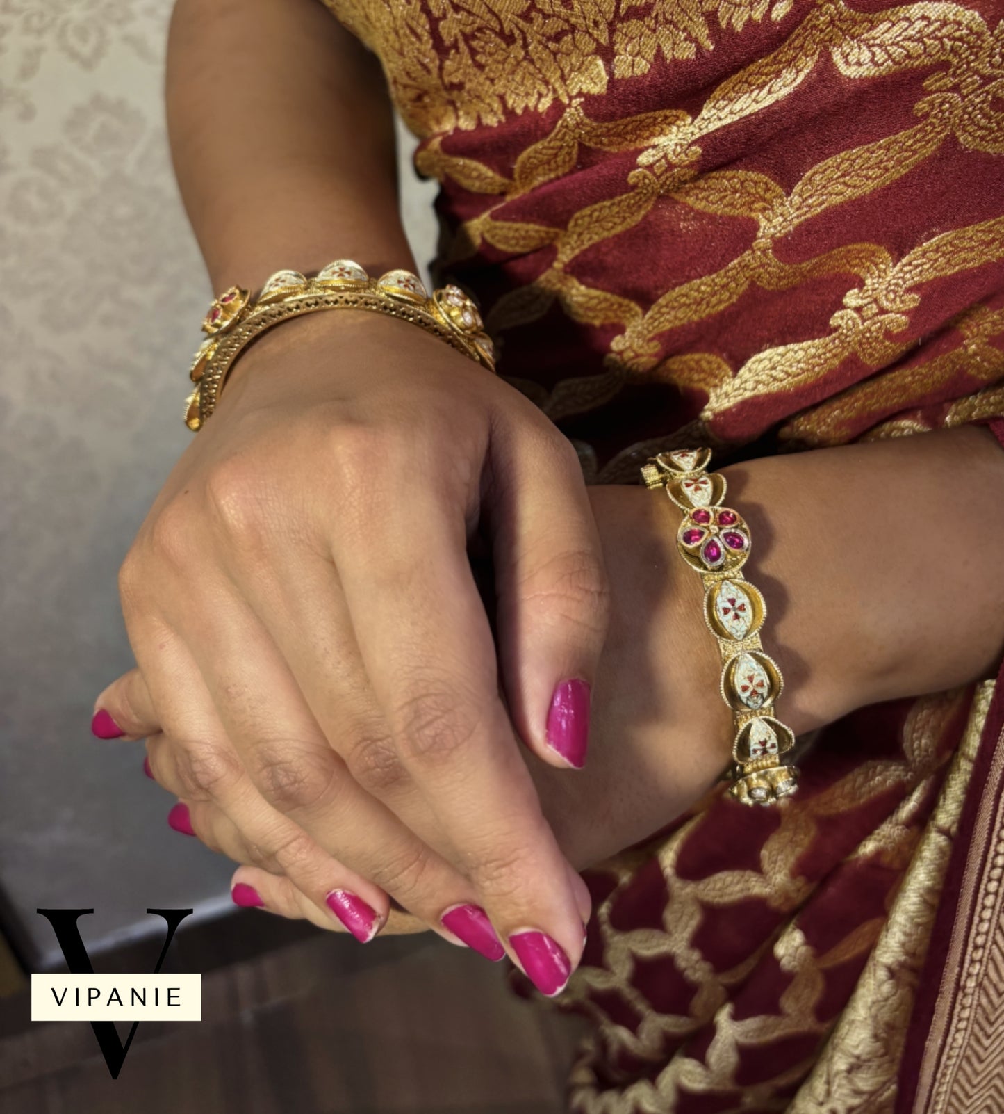 Antique Kundan Pearl Enamel Bangles-V1043