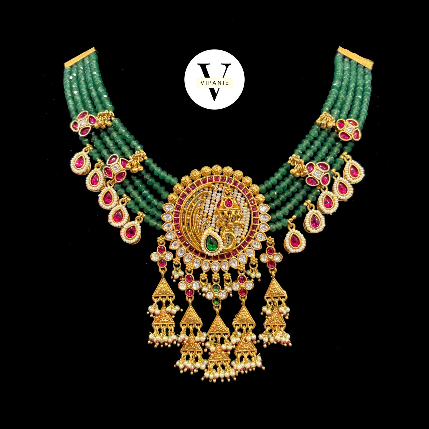 Antique Green Pearl Necklace with Chandbali-V1054