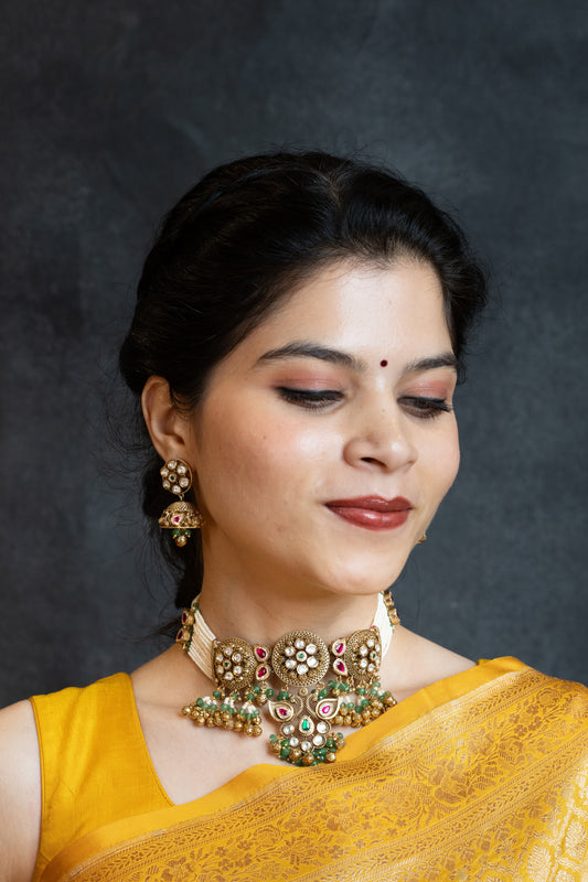 Green Pearl Choker with Jhumkas - V1007