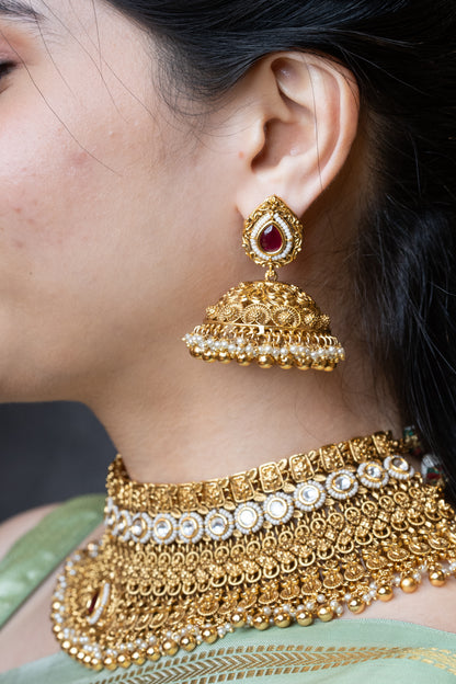 Antique Bridal Choker with Jhumkas - V1004