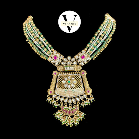 Antique Green Pearl Necklace with Earrings-V1050